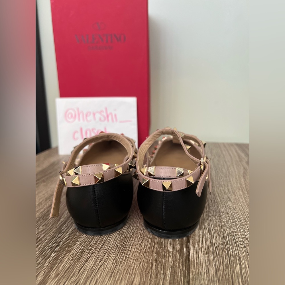Valentino Garavani Black Calfskin Rockstud Caged Ballerina Flats 39.5 - Picture 2 of 10
